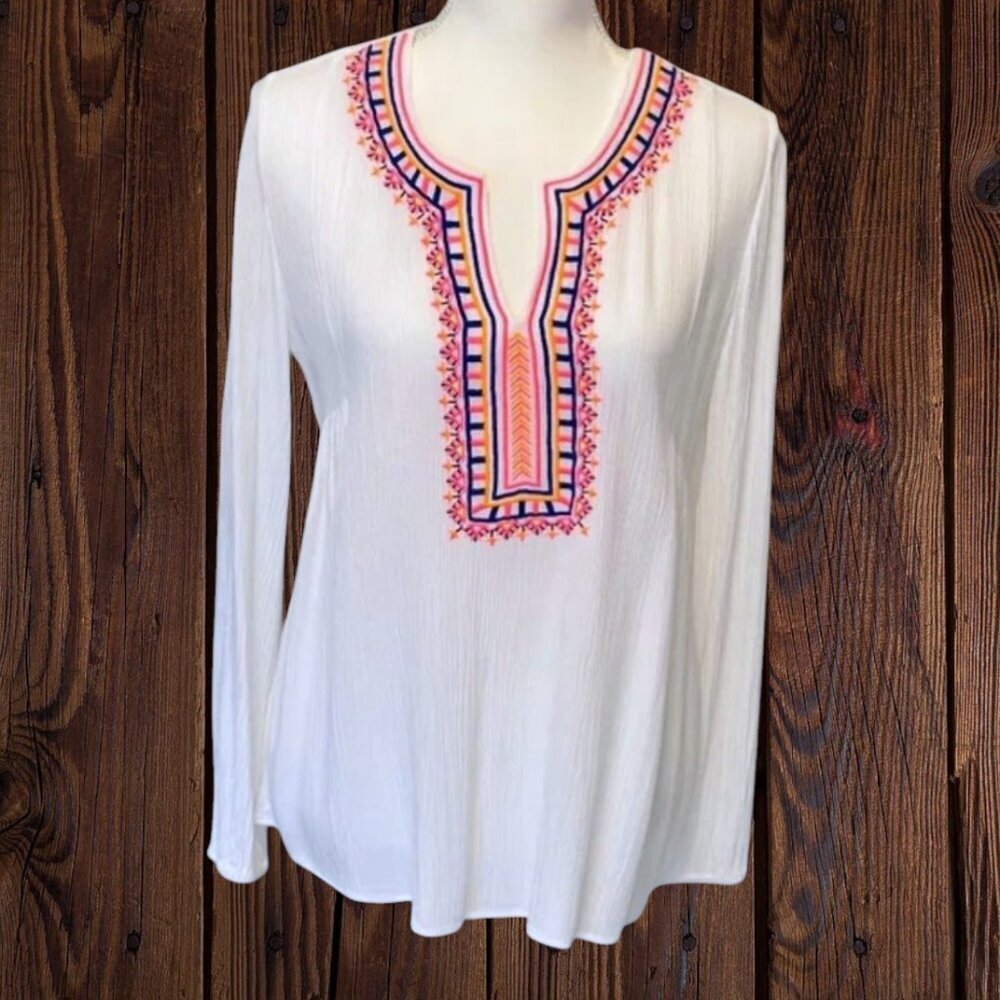 Lilly Pulitzer Dahle Embroidered Tunic Top White Boho Peasant Blouse Preppy L